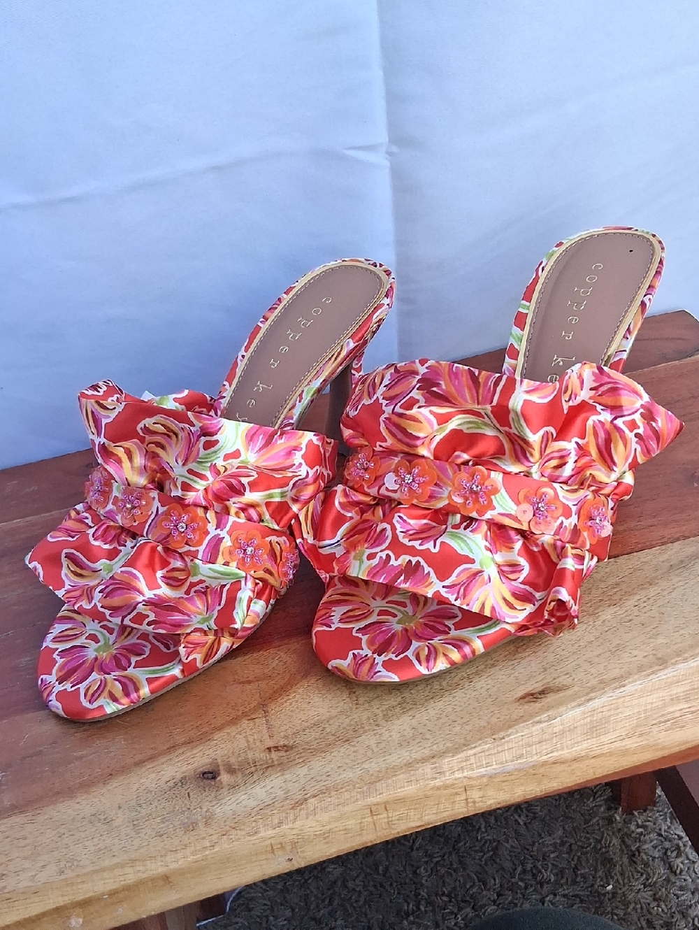 Copper Key Floral Ruffled Slide Sandals in Orange Red and Pink 7
